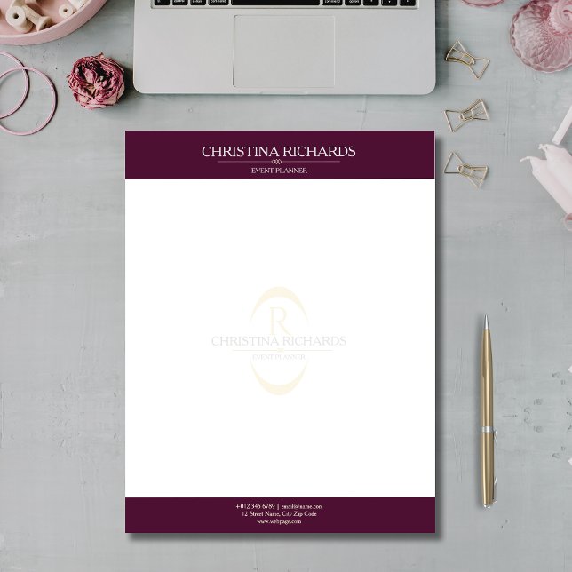 Monogram Burgundy Modern Elegant Business Brevhuvud (Skapare uppladdad)
