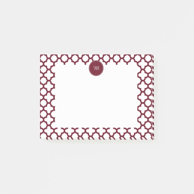 Monogram Burgundy och White Quatrefoil Mönster Post-it Block (Framsida)