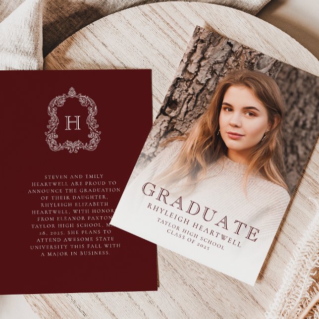 Monogram Burgundy Photo Studenten-meddelande Inbjudningar (Skapare uppladdad)