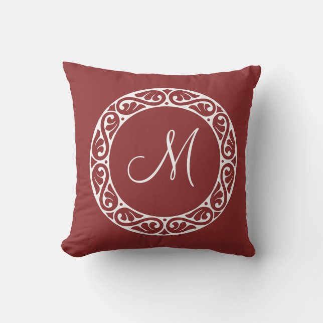 Monogram Burgundy Red Pillow i dekorationscirkel Kudde (Framsida)