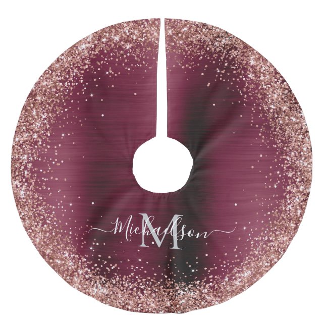 Monogram Burgundy Ro Guld Faux-Glitter Girly Julgransmatta Borstad Polyester (Framsidan)