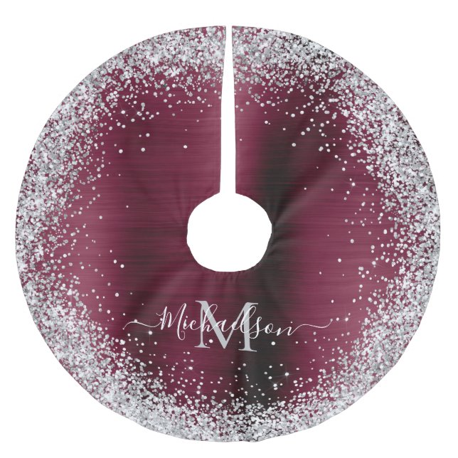 Monogram Burgundy Silver Glitter Girly Glam Julgransmatta Borstad Polyester (Framsidan)