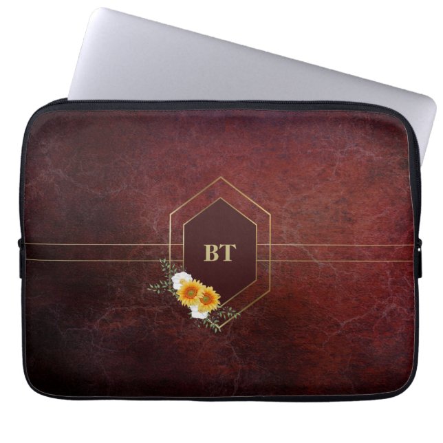 Monogram Burgundy Stone Guld Geometric Blommigt Laptop Fodral (Framsidan)