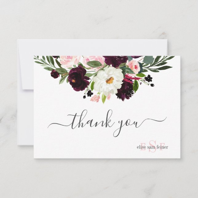 Monogram  Burgundy Watercolor Flowers Tack Kort (Framsida)