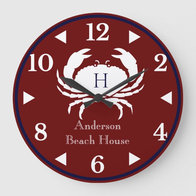 Monogram Burgundy White Navy Blue Crab Nautical Stor Klocka (Framsida)