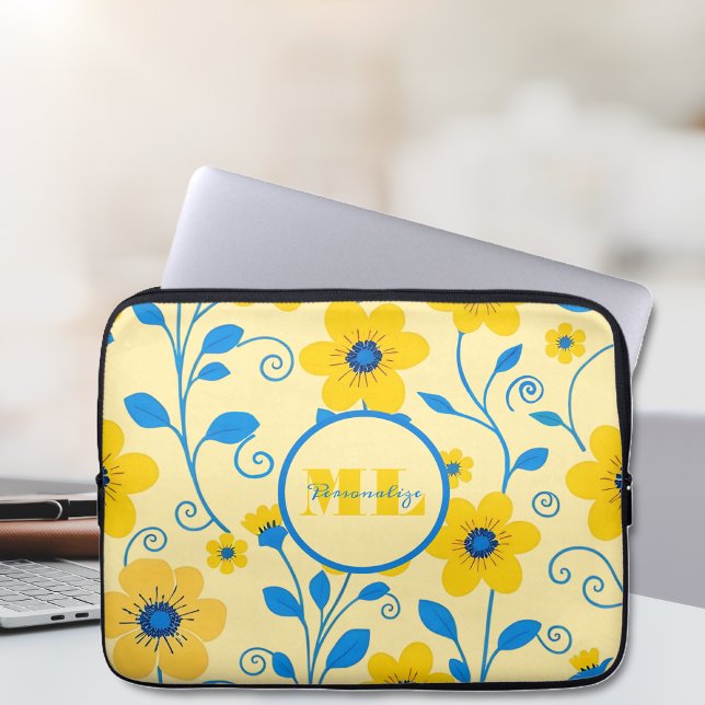 Monogram Butter-Gult och Blue-Blommigt Laptop Fodral (Monogram Butter Yellow and Blue Floral Laptop Sleeve)