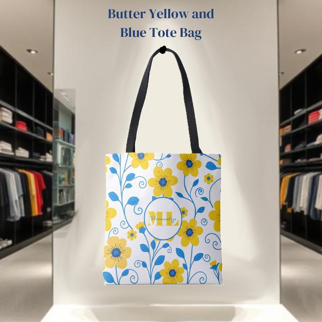 Monogram Butter Gult och Blue Blommigt- Tygkasse (Monogram Butter Yellow and Blue Floral- Tote Bag in white)