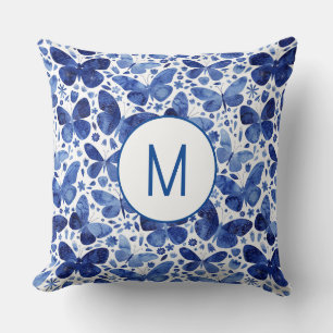 Monogram Butterfly Watercolor Blue Kudde