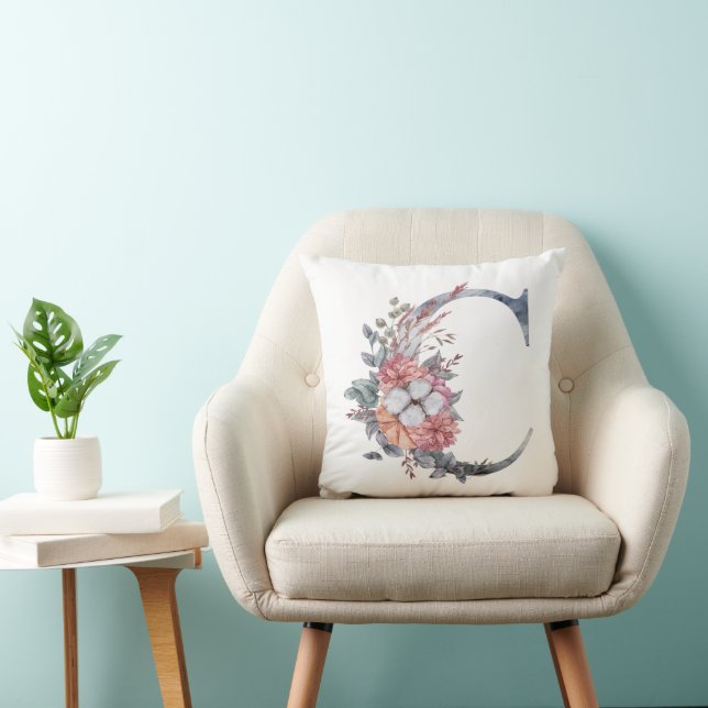 Monogram C Blommig Akvarell Blå Persika Rosa Kudde (Stol)