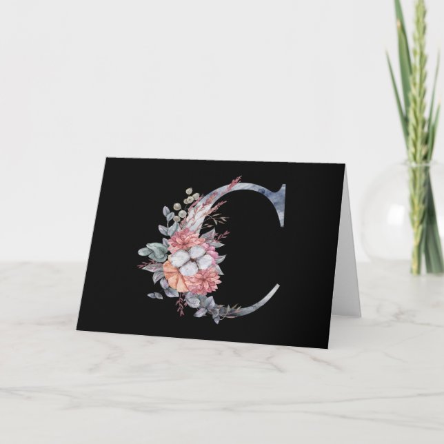 Monogram C Blommig blå tacksamhetskort Kort (Framsida)