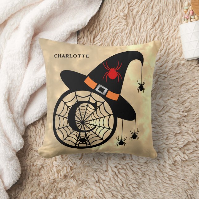 Monogram C Halloween Himlar Witch Spiders Namn Kudde (Filt)