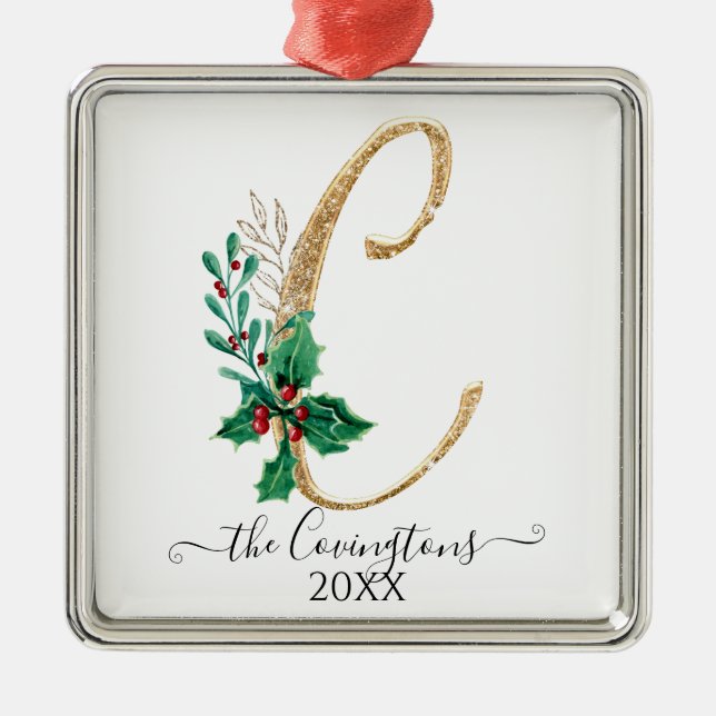 Monogram C Holly jul-familjen Guld Glitter Julgransprydnad Metall (Framsidan)