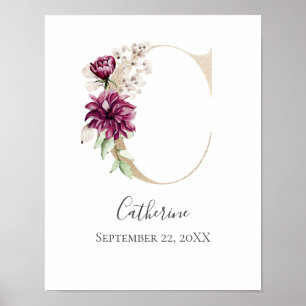 Monogram C Rosa Vitt Blommig Guld Bokstavs Nursery Poster