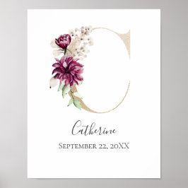 Monogram C Rosa White Blommigt Guld Brev Nursery Poster