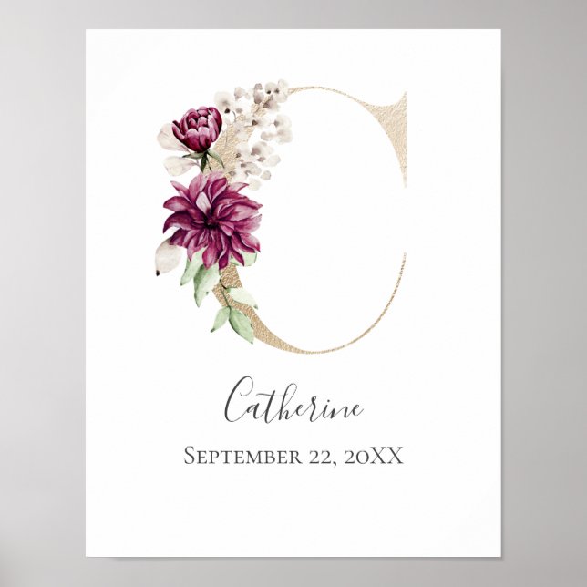 Monogram C Rosa White Blommigt Guld Brev Nursery Poster (Framsidan)