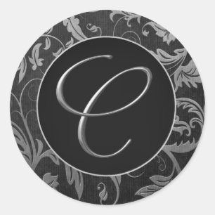 Monogram C Silver och Black Damask Bröllopsil Runt Klistermärke