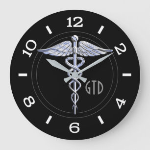 Monogram Caduceus Medicinsk symbol på svart Stor Klocka