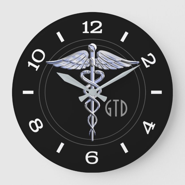 Monogram Caduceus Medicinsk symbol på svart Stor Klocka (Framsida)