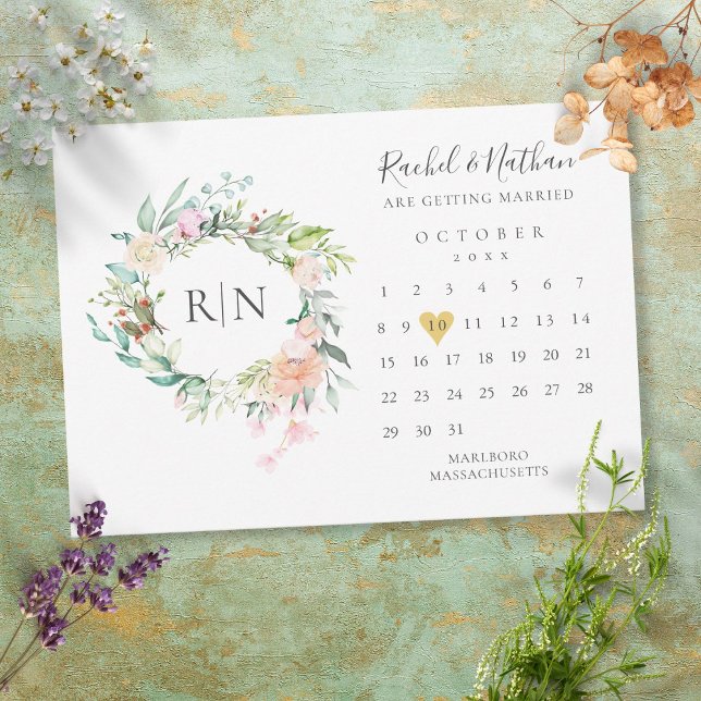 Monogram Calendar Guld Heart Blommigt Bröllop Spara Datumet (Skapare uppladdad)