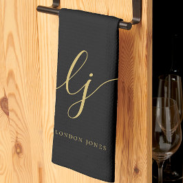 Monogram Calligraphy Black Guld med enkel Elegant Kökshandduk