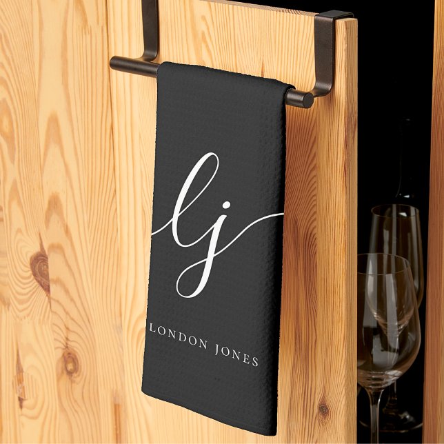 Monogram Calligraphy-svart Elegant Kökshandduk (Skapare uppladdad)