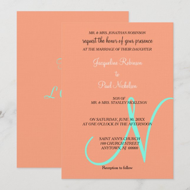 Monogram Cantaloupe Turkos Invitation Inbjudningar (Fram/baksida)