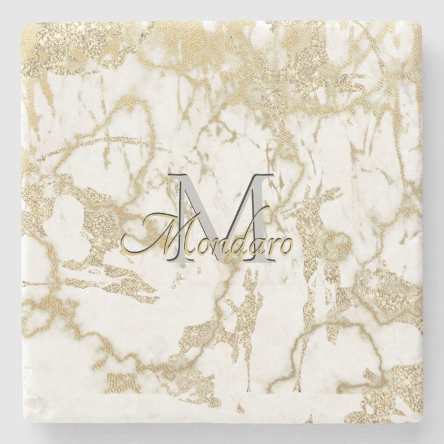 Monogram Carrera Marble Metallic Guld Glitter Gems Stenunderlägg (Framsidan)