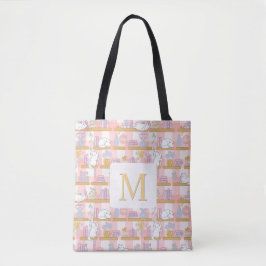 Monogram Cats Library Book Tote Bag Girly Pink Tygkasse