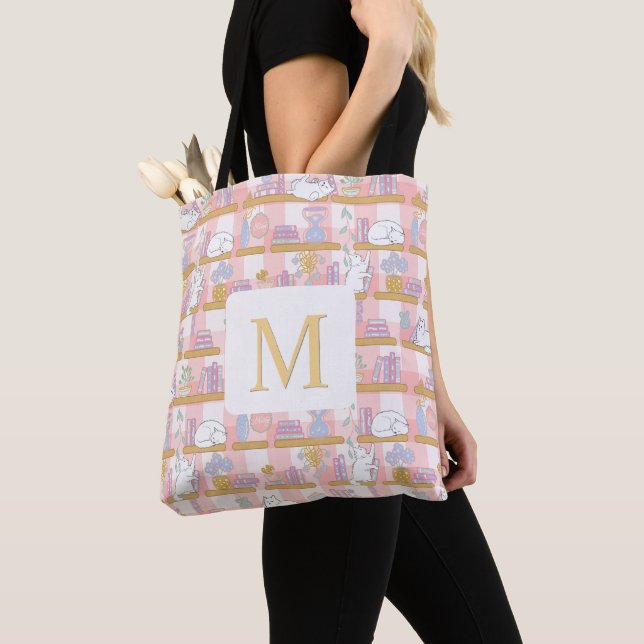 Monogram Cats Library Book Tote Bag Girly Pink Tygkasse (Närbild)