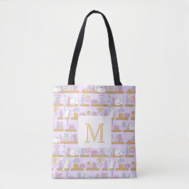 Monogram Cats Library Book Tote Bag Girly Purple Tygkasse