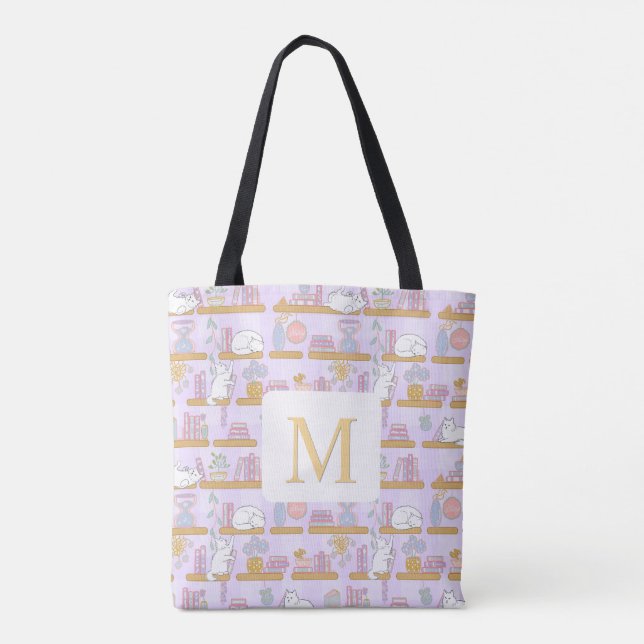 Monogram Cats Library Book Tote Bag Girly Purple Tygkasse (Baksida)