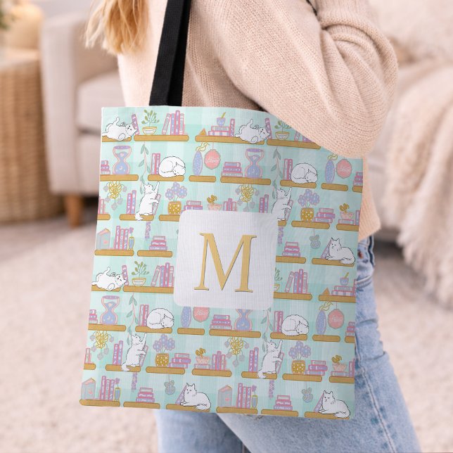 Monogram Cats Library Tote Bag Girly Mint Green Tygkasse (Skapare uppladdad)