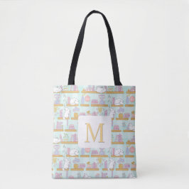 Monogram Cats Library Tote Bag Girly Mint Green Tygkasse