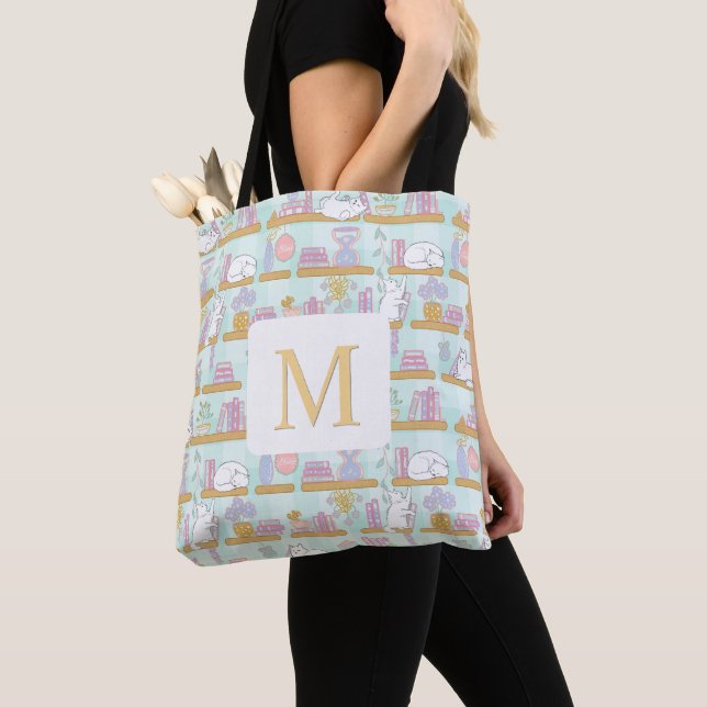 Monogram Cats Library Tote Bag Girly Mint Green Tygkasse (Närbild)