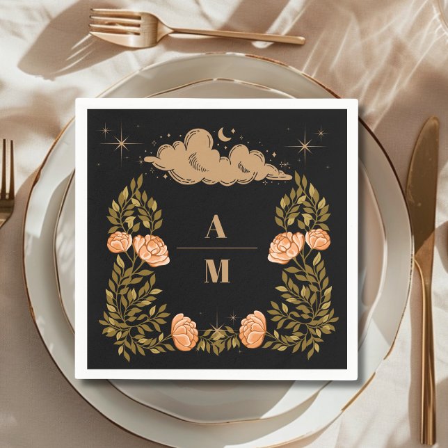 Monogram Celestial Midnatt Svarta Stjärnor Bröllop Pappersservett (Skapare uppladdad)