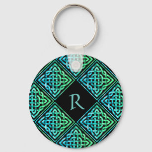 Monogram Celtic Knot Blue Grönt Round Keychain Nyckelring