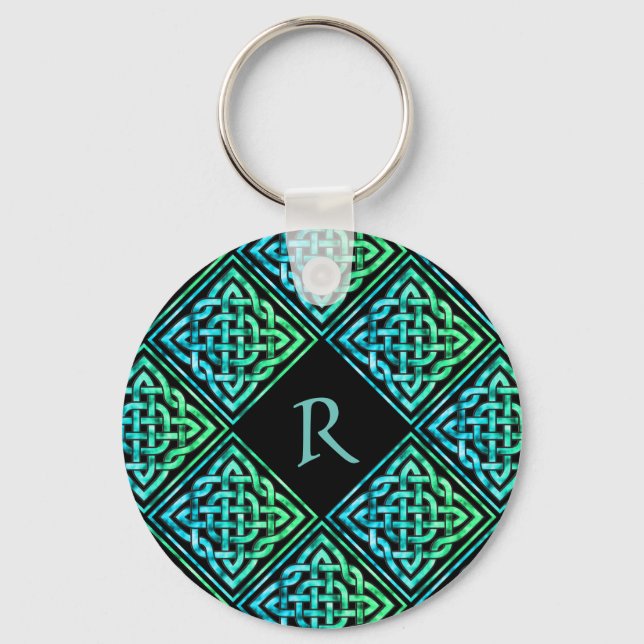 Monogram Celtic Knot Blue Grönt Round Keychain Nyckelring (Framsida)