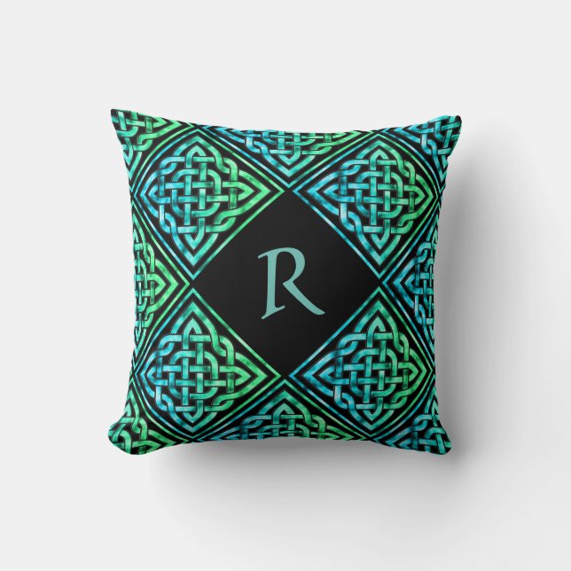 Monogram Celtic Knot: Diamond Blue Grönt Pillow Kudde (Framsida)