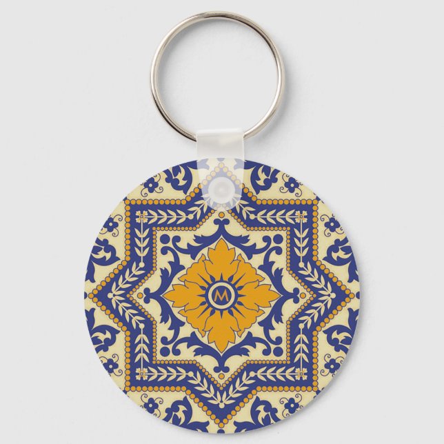 Monogram Ceramic Azulejo Stil Blue Keychain Nyckelring (Framsida)