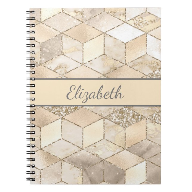 Monogram Champagne Glitter Grått Peach Geometric Anteckningsbok (Framsidan)