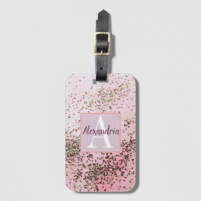 Monogram Champagne Rosa Confetti   Bagagebricka (Framsida vertikal)
