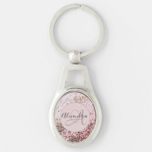 Monogram Champagne Rosa Confetti Personlig Ovalt Silverfärgad Nyckelring