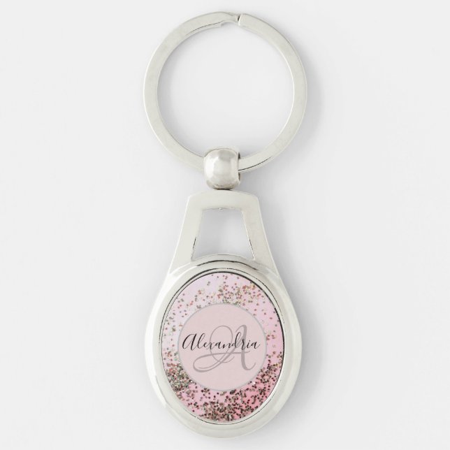 Monogram Champagne Rosa Confetti Personlig Ovalt Silverfärgad Nyckelring (Framsidan)