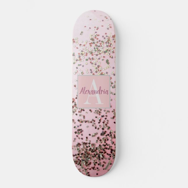 Monogram Champagne Rosa Confetti Skateboard (Framsida)