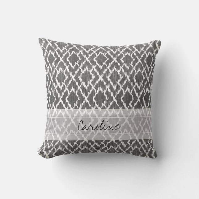 Monogram Charcoalgrått Tribal Ikat Diamantmönster Kudde (Framsida)
