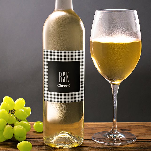Monogram Cheers! Black & White Buffalo Check (6) Vinflaska Etikett (Skapare uppladdad)