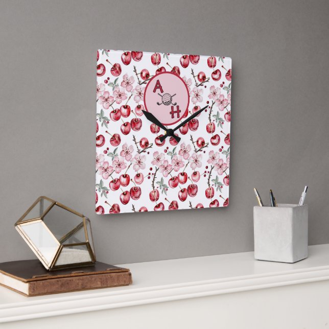 Monogram Cherry Blommar Golf-Thned-Personlig Fyrkantig Klocka (Kontor)