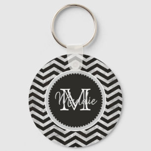Monogram, Chevron, Mönster, Black, Silver Nyckelring