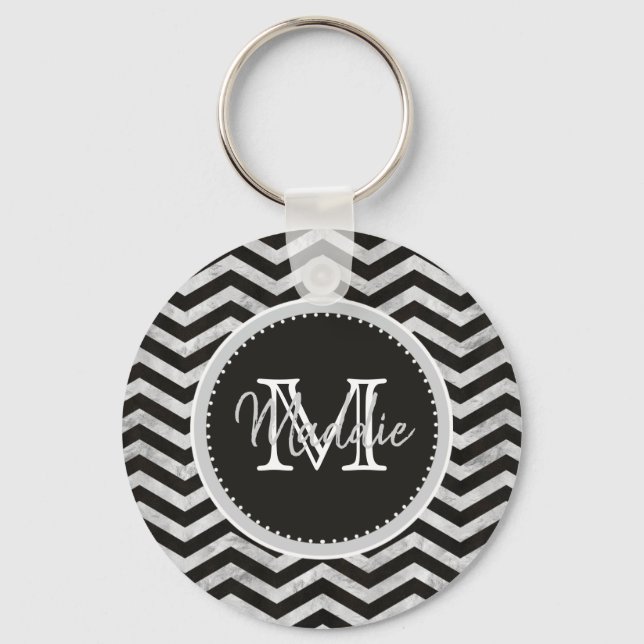 Monogram, Chevron, Mönster, Black, Silver Nyckelring (Framsida)