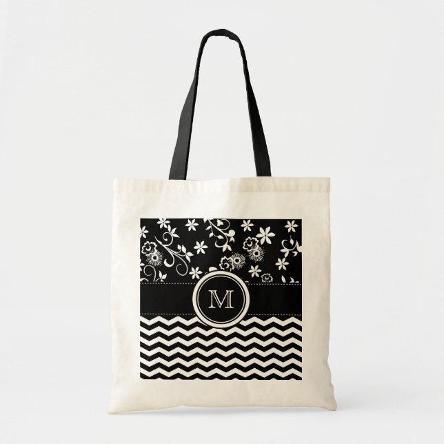 Monogram Chevron och Foral Mönster Tote Bag Tygkasse (Framsidan)